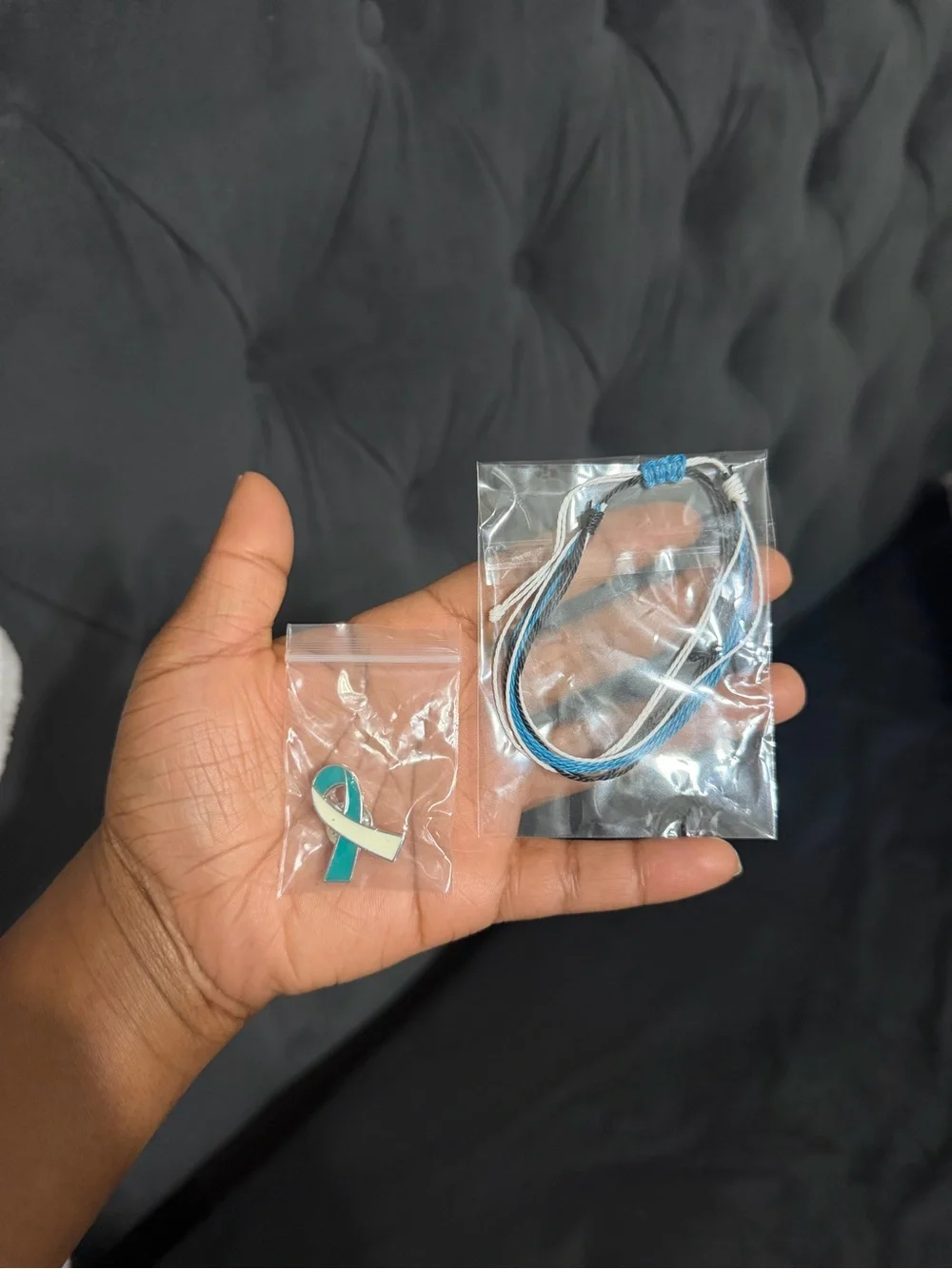 Teal, White & Black Cancer Awareness Cord Bracelet with Enamel Pin